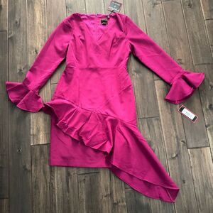 Focus By Shani Raspberry Asymmetrical Ruffle Hem Sheath Dress 4 NWT